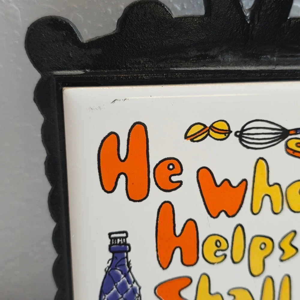 Vintage Cast Iron Trivets 'He Who Helps Shall Eat' Ceramic Tile‎ & Scroll Pair